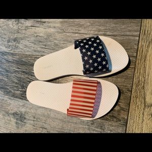 Red white and blue flip flops